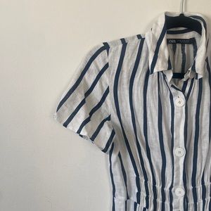 Linen Blend Blue and White Striped Zara Button Down Dress Worn Once